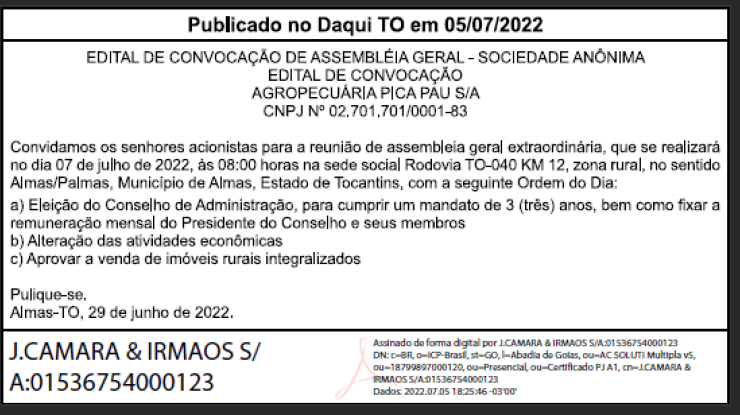EDITAL DE CONVOCAÇÃO 05/07/2022